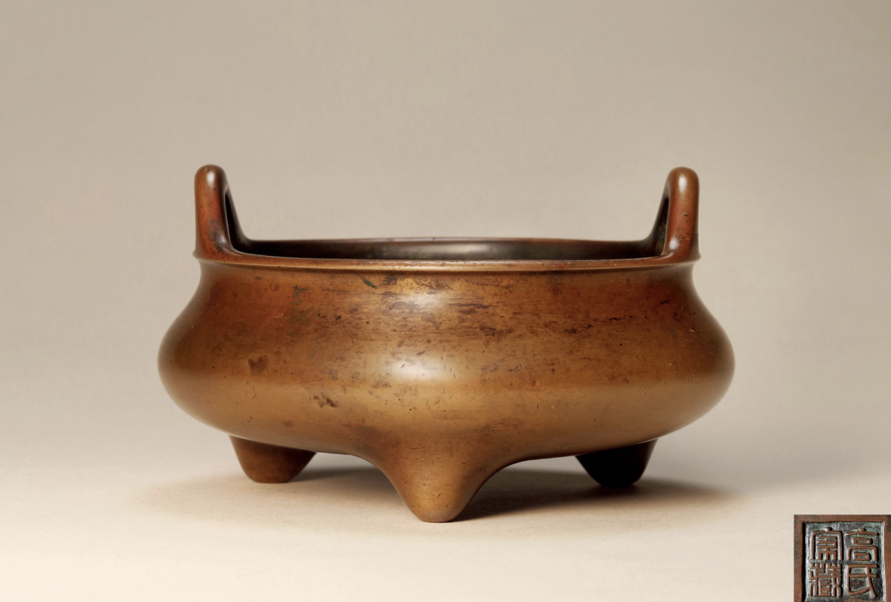 中国 古銅 花文 双耳蓋爐 香炉 M 3921 - 金属工芸